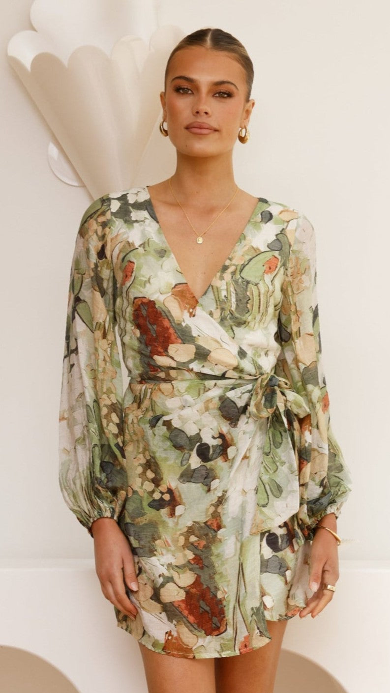 Jemma Long Sleeve Mini Dress - Green Abstract - Billy J