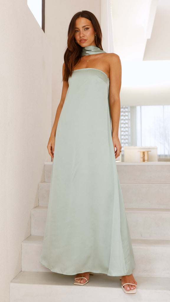 Caitie Strapless Scarf Maxi Dress - Sage - Billy J