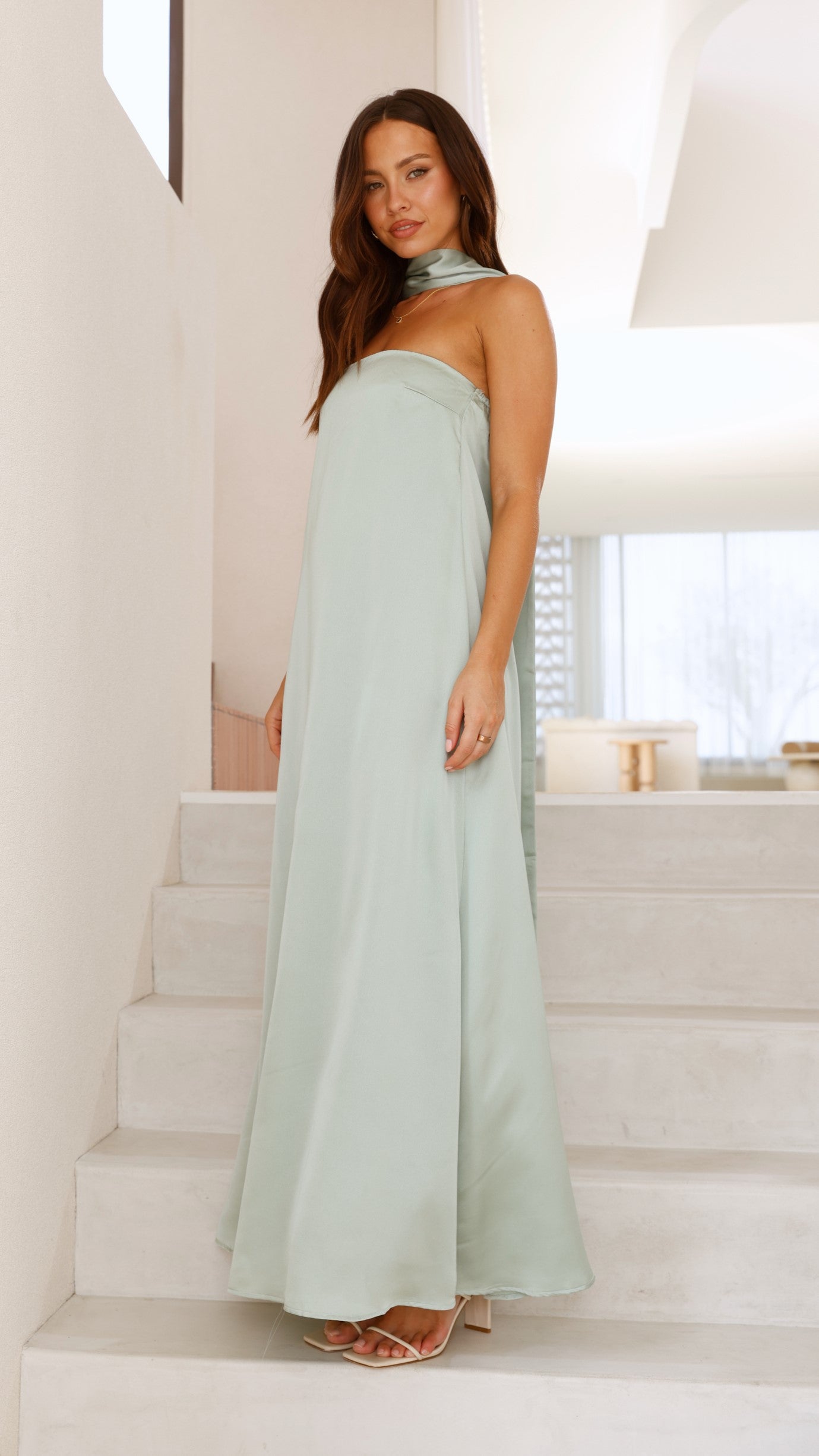 Caitie Strapless Scarf Maxi Dress - Sage - Billy J