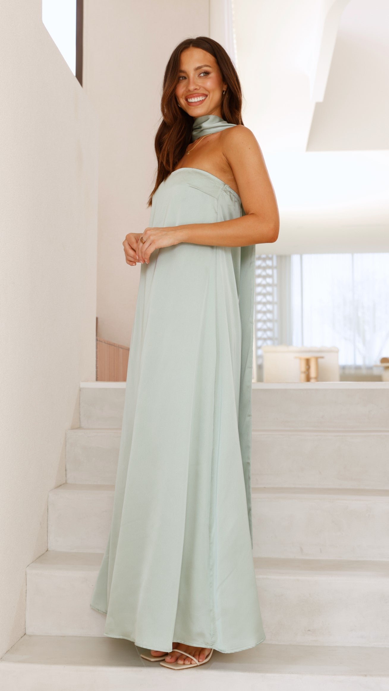 Caitie Strapless Scarf Maxi Dress - Sage - Billy J