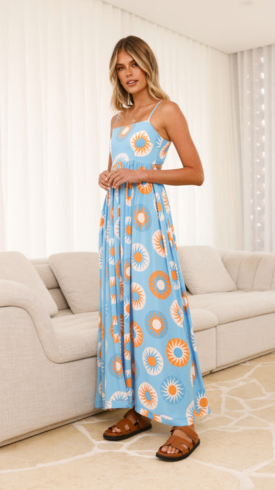 Load image into Gallery viewer, Idoya Maxi Dress - Blue / Orange Sun - Billy J
