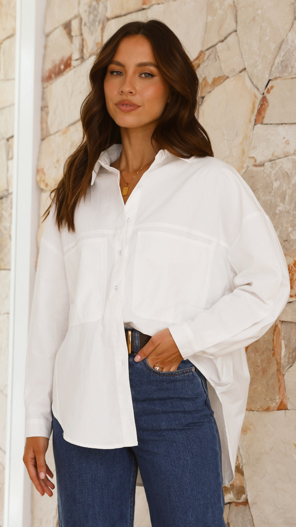 Haina Long Sleeve Button Up Shirt - White