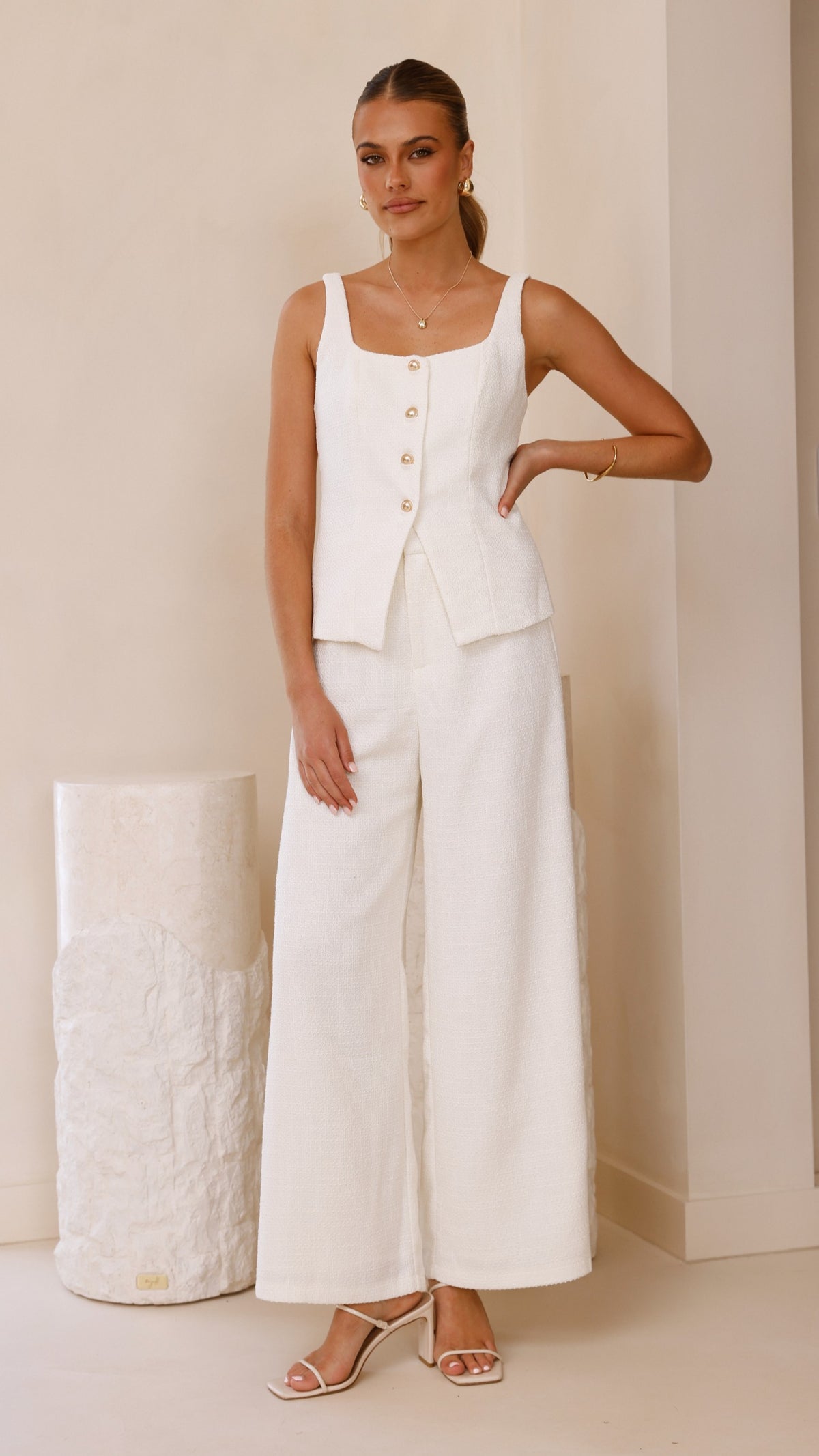 Karrina Tweed Button Up Vest and Pants Set - White - Billy J