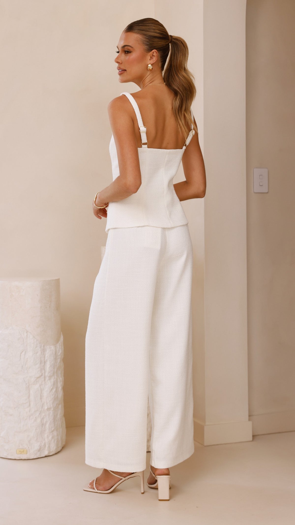 Karrina Tweed Button Up Vest and Pants Set - White - Billy J