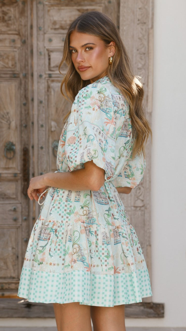 Nalita Mini Dress - Blue Print - Billy J
