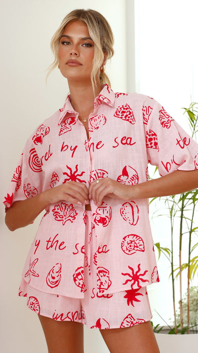 Load image into Gallery viewer, Charli Button Up Shirt and Shorts Set - Pink / Red By The Sea Print
