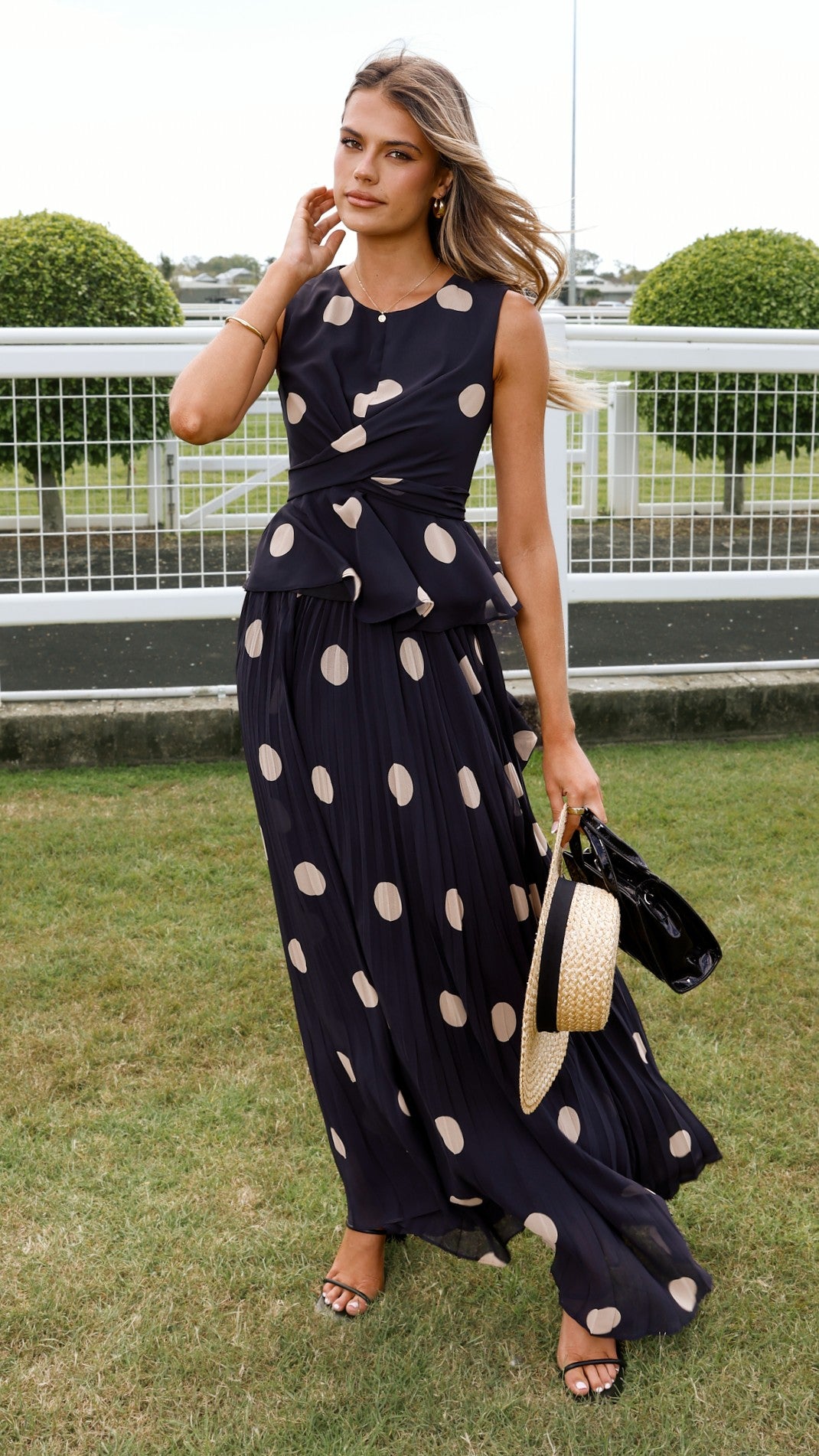 Cambree Peplum Top and Maxi Skirt Set - Black / Beige Polka Dot - Billy J