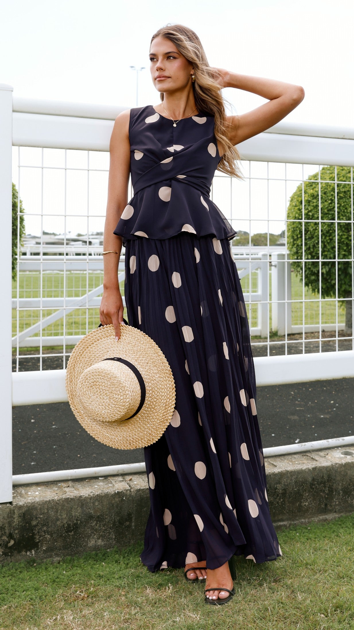 Cambree Peplum Top and Maxi Skirt Set - Black / Beige Polka Dot - Billy J