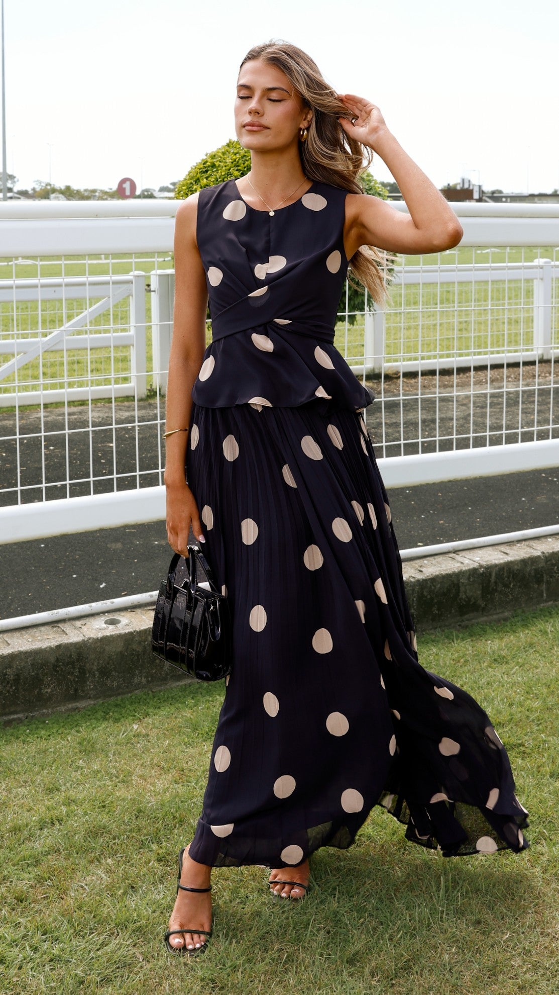 Cambree Peplum Top and Maxi Skirt Set - Black / Beige Polka Dot - Billy J