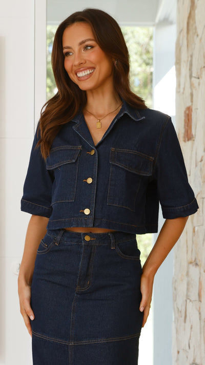 Load image into Gallery viewer, Kaili Button Up Cropped Shirt - Indigo Denim
