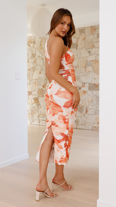 Load image into Gallery viewer, Natalia Midi Dress - Orange Floral - Billy J
