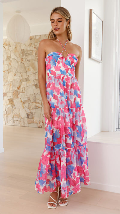 Load image into Gallery viewer, Behati Maxi Dress - Pink/Blue Floral - Billy J
