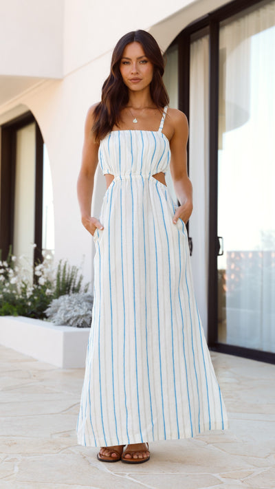 Load image into Gallery viewer, Yin Linen Dress - Azure Stripe - Billy J
