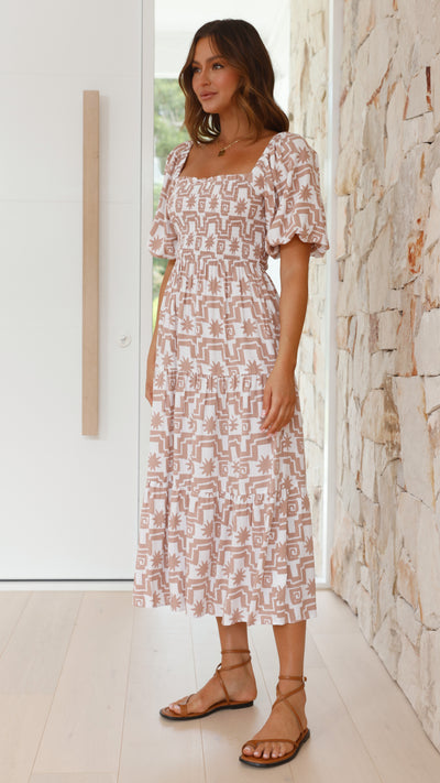 Load image into Gallery viewer, Ibiza Off The Shoulder Maxi Dress - Beige Print
