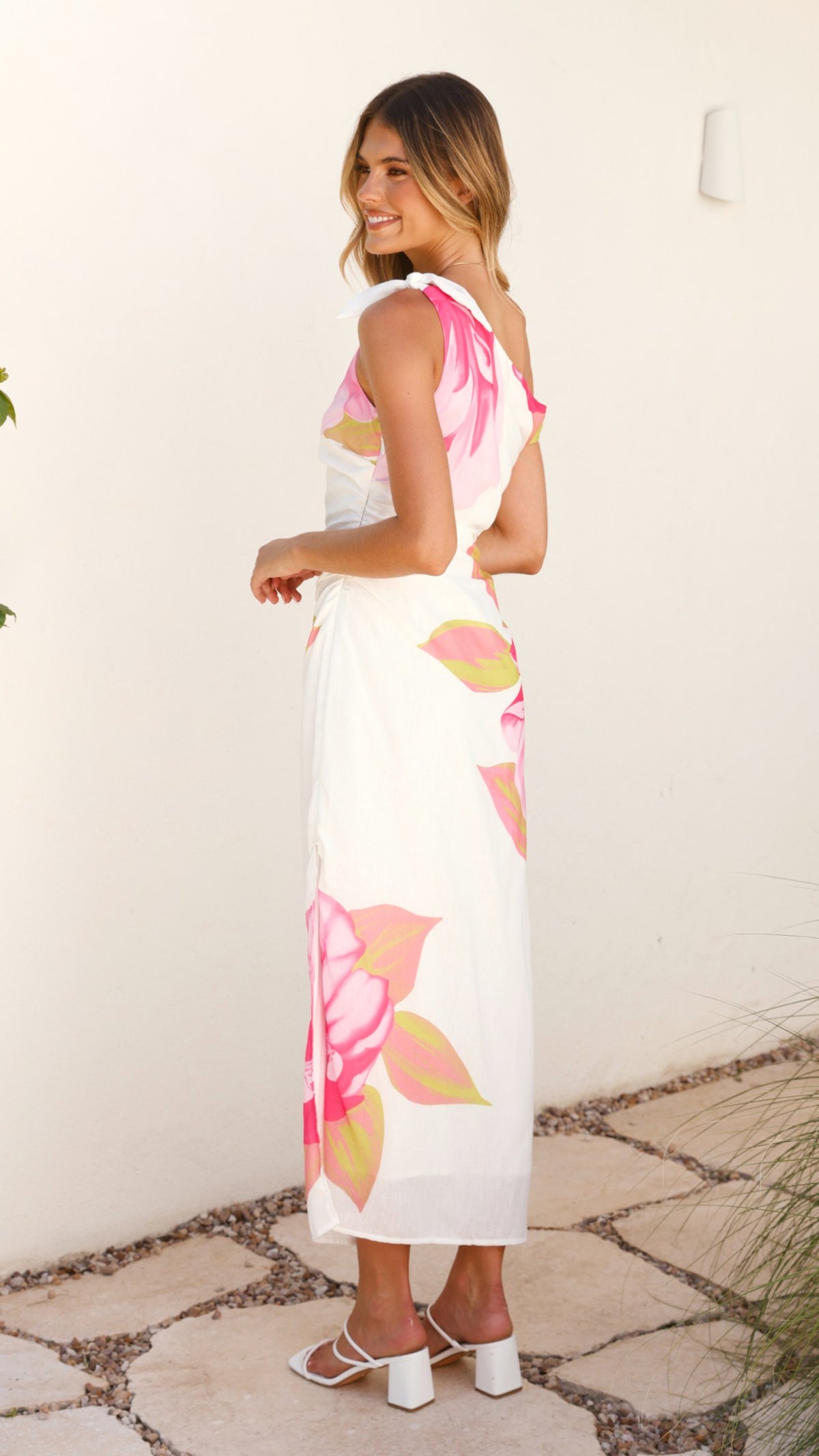 Maisy Shoulder Tie Midi Dress - Pink Green - Billy J