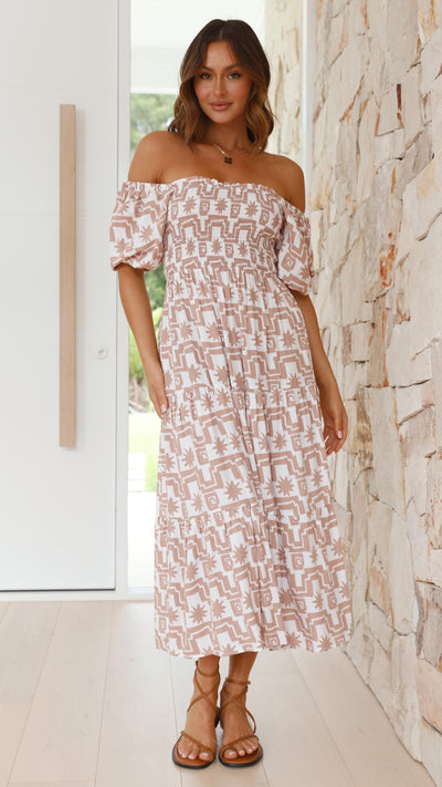 Load image into Gallery viewer, Ibiza Off The Shoulder Maxi Dress - Beige Print
