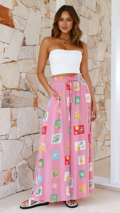 Load image into Gallery viewer, Avery Wide Leg Pant - Pink / Lemon Print - Billy J
