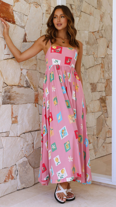 Load image into Gallery viewer, Idoya Maxi Dress - Pink / Lemon Print
