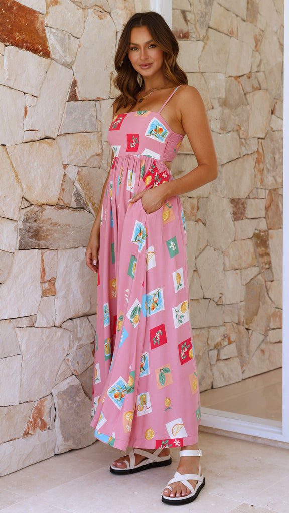 Idoya Maxi Dress - Pink / Lemon Print