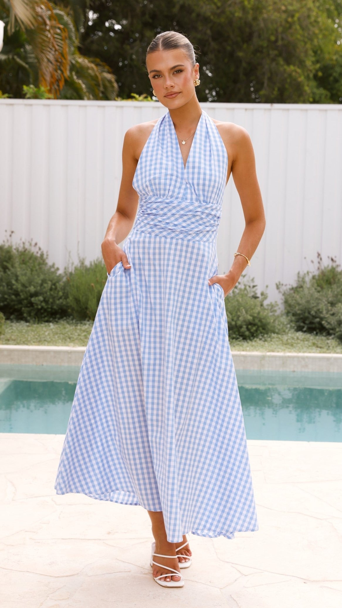 Brydie Halter Maxi Dress - Gingham Light Blue - Billy J