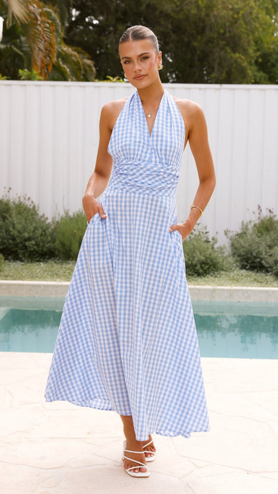 Load image into Gallery viewer, Brydie Halter Maxi Dress - Gingham Light Blue - Billy J
