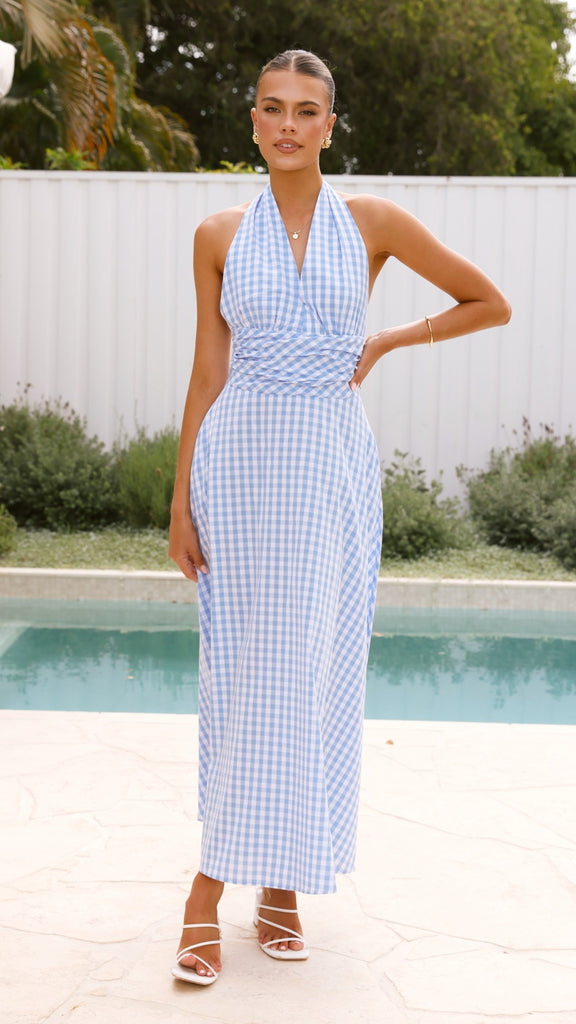 Brydie Halter Maxi Dress - Gingham Light Blue - Billy J