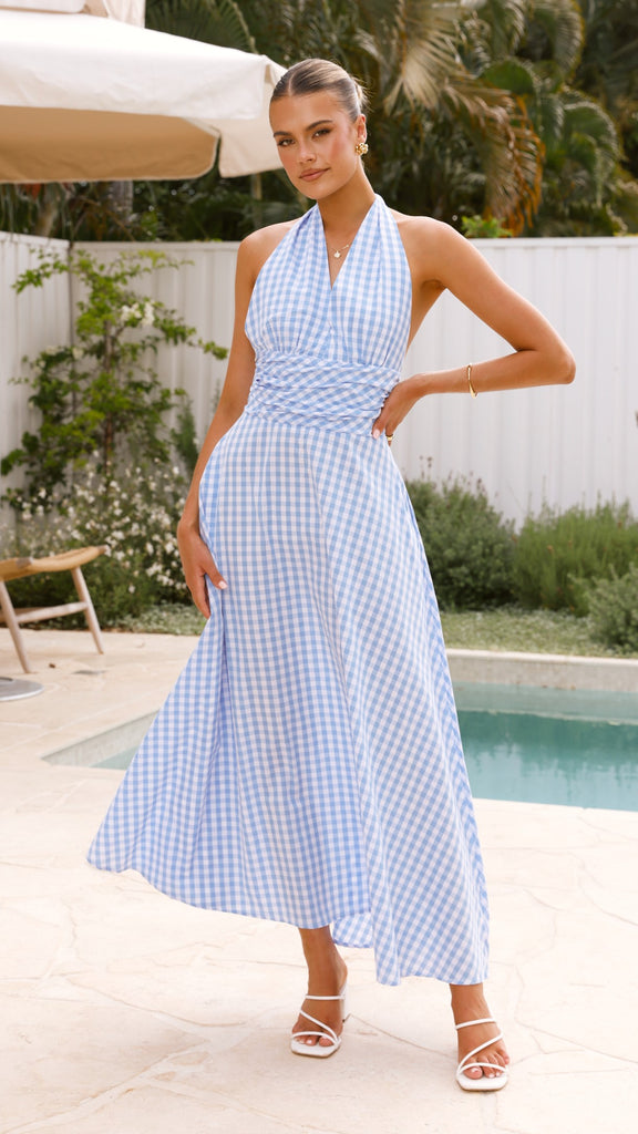 Brydie Halter Maxi Dress - Gingham Light Blue - Billy J