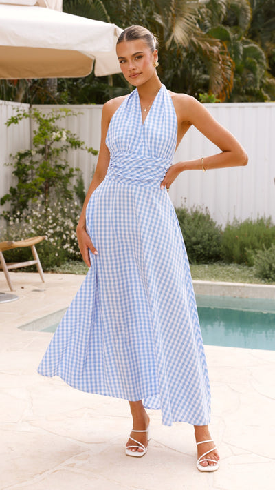 Load image into Gallery viewer, Brydie Halter Maxi Dress - Gingham Light Blue - Billy J
