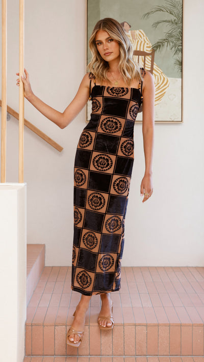 Load image into Gallery viewer, Garnet Maxi Dress - Black/Brown Print - Billy J
