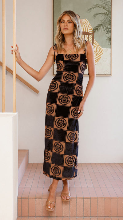 Load image into Gallery viewer, Garnet Maxi Dress - Black/Brown Print - Billy J
