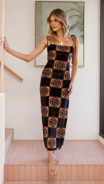 Load image into Gallery viewer, Garnet Maxi Dress - Black/Brown Print - Billy J
