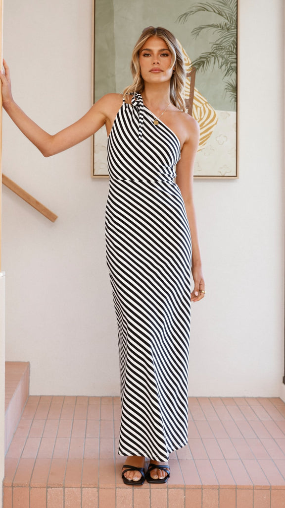 Ochola One Shoulder Maxi Dress - Black / White Stripe - Billy J