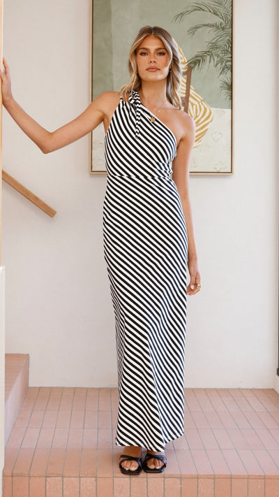 Load image into Gallery viewer, Ochola One Shoulder Maxi Dress - Black / White Stripe - Billy J
