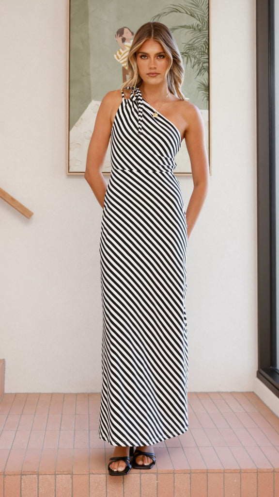 Ochola One Shoulder Maxi Dress - Black / White Stripe - Billy J