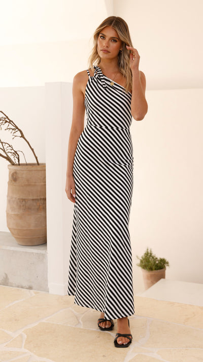 Load image into Gallery viewer, Ochola One Shoulder Maxi Dress - Black / White Stripe - Billy J
