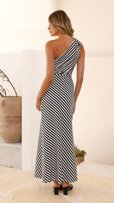 Load image into Gallery viewer, Ochola One Shoulder Maxi Dress - Black / White Stripe - Billy J
