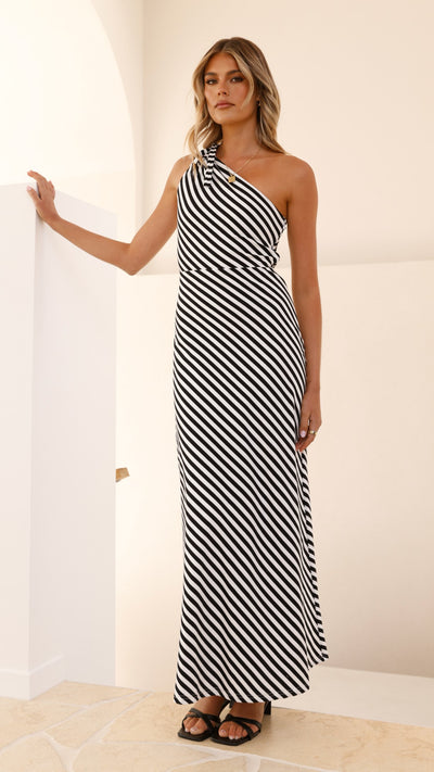 Load image into Gallery viewer, Ochola One Shoulder Maxi Dress - Black / White Stripe - Billy J
