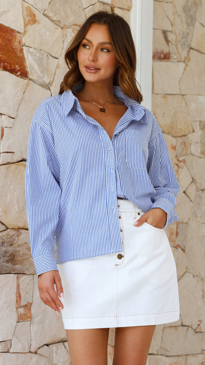 Load image into Gallery viewer, Haidera Long Sleeve Button Up Shirt - Blue Stripe
