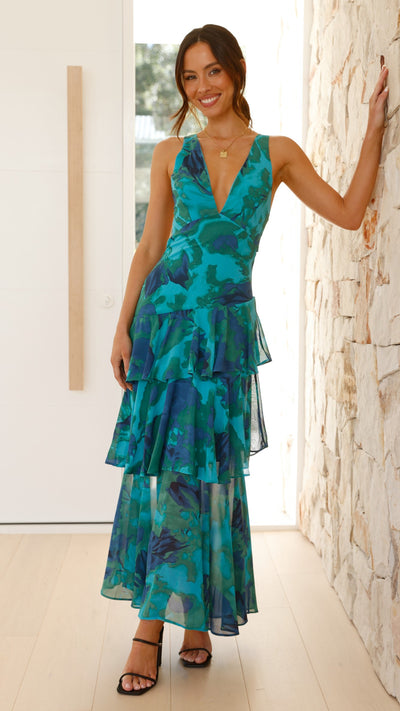 Load image into Gallery viewer, Sachiko Maxi Dress - Blue / Green Print - Billy J
