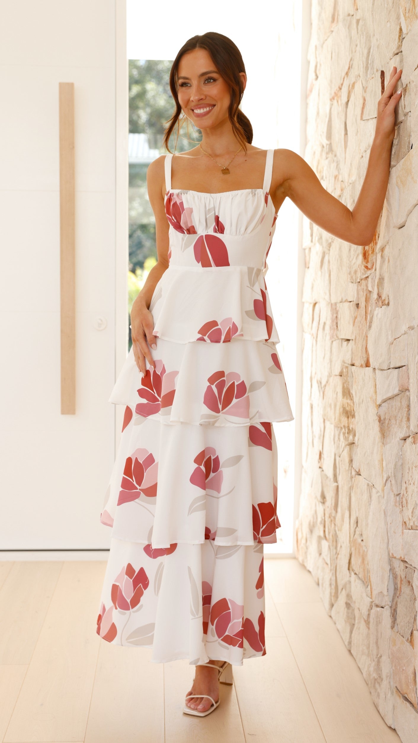 Odilia Maxi Dress - White/Pink Floral - Billy J