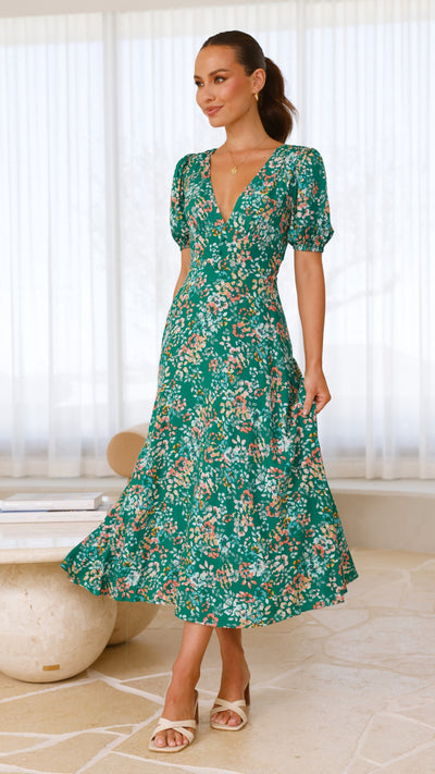 Load image into Gallery viewer, Itzel Midi Dress - Green Floral - Billy J
