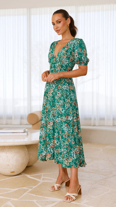 Load image into Gallery viewer, Itzel Midi Dress - Green Floral - Billy J
