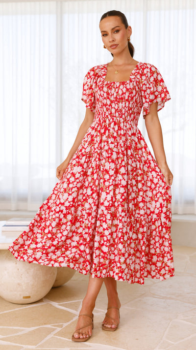 Load image into Gallery viewer, Sammi Midi Dress - Red Floral - Billy J
