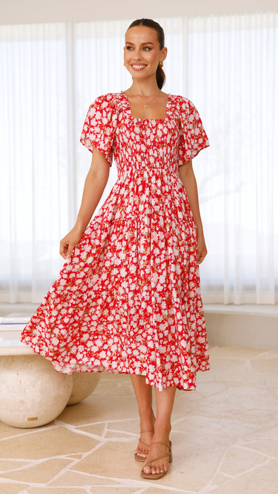 Load image into Gallery viewer, Sammi Midi Dress - Red Floral - Billy J
