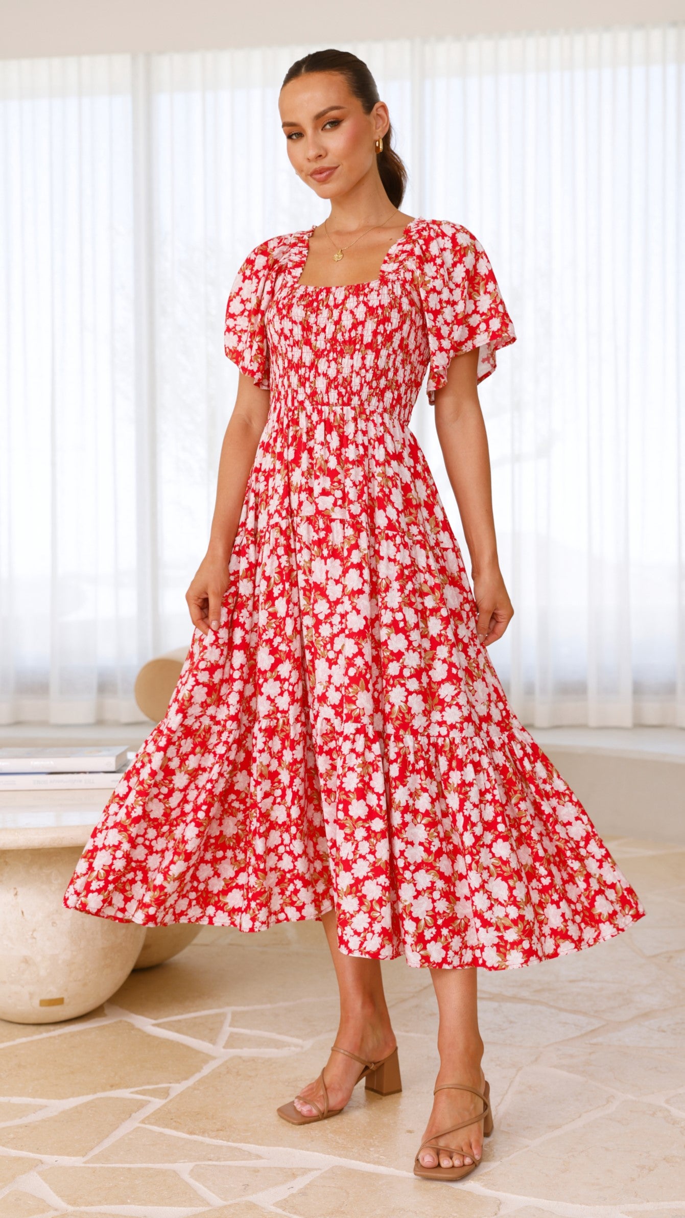 Sammi Midi Dress - Red Floral - Billy J