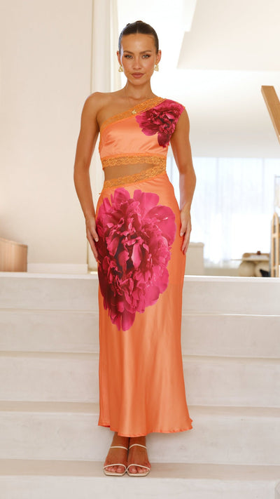 Load image into Gallery viewer, Emily One Shoulder Maxi Dress - Orange / Pink - Billy J
