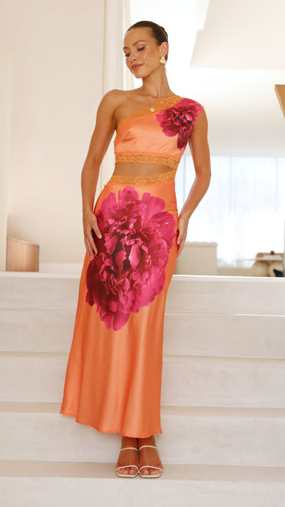 Load image into Gallery viewer, Emily One Shoulder Maxi Dress - Orange / Pink - Billy J
