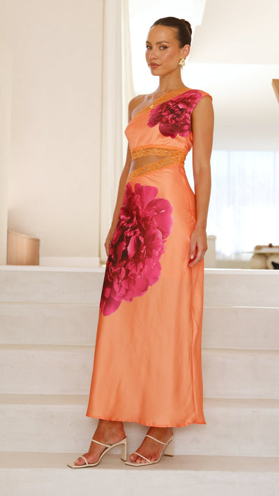 Load image into Gallery viewer, Emily One Shoulder Maxi Dress - Orange / Pink - Billy J
