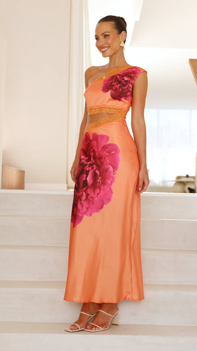 Load image into Gallery viewer, Emily One Shoulder Maxi Dress - Orange / Pink - Billy J
