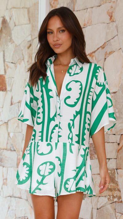 Load image into Gallery viewer, Aralyn Playsuit - White / Green Tribal
